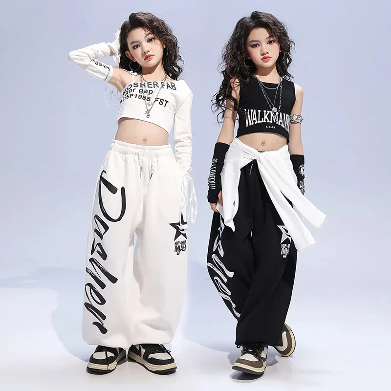 طفل الهيب هوب الملابس البيضاء واحد الكتف المحاصيل الأعلى تي شيرت أسود تانك عارضة عرق عداء ببطء السراويل للفتيات أزياء رقص الملابس