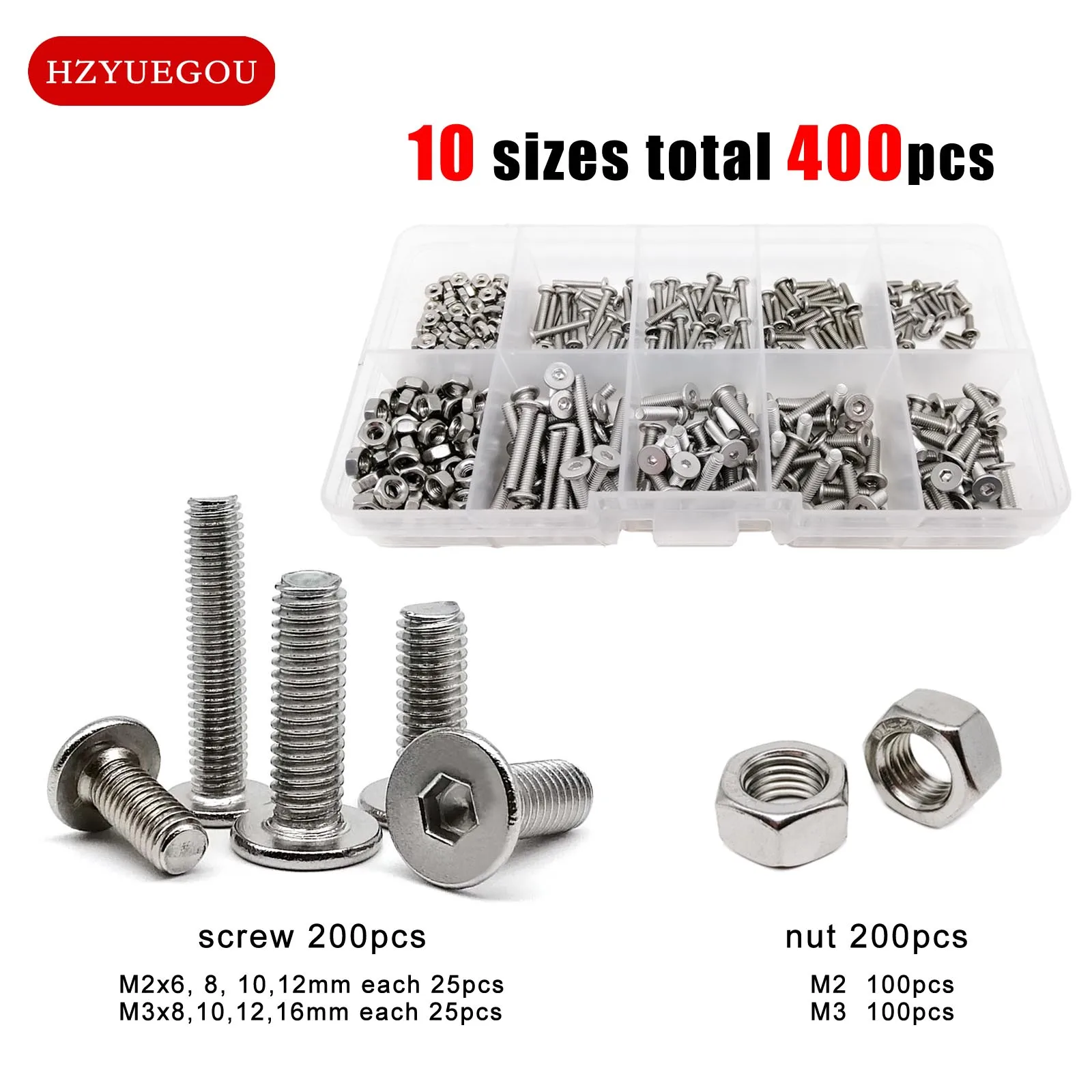 400szt/pudełko M2 M3 Allen Hexagon Hex Socket Ultra Thin Flat Wafer Head Screw Bolt Nut Assortment Kit Set 304 A2-70 Stainless Steel