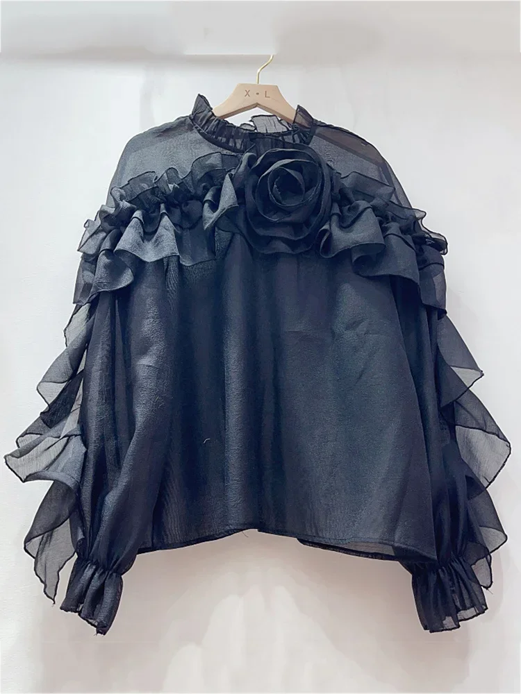 2024 Korean Chic Solid 3D Flower Ruffles Patchwork Loose Top Women Sheer Chiffon Blouse Female 2024 Summer New Tide SM6322