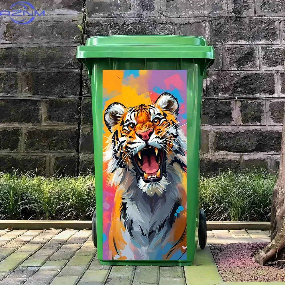 1pc Roaring Tiger PVC Sticker - Vibrant Colorful Background, Self-Adhesive Animal Print Decal for Trash Cans & Walls, Durable
