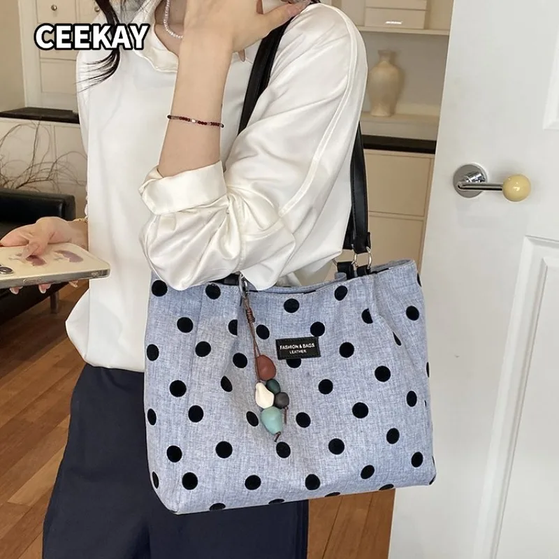 

CEEKAY Two Tone Dot Linen Soft Sling Shoulder Bag Simple Metal Ring Connector Thin PU Shoulder Strap Tiny Cloth Label Wood Bead