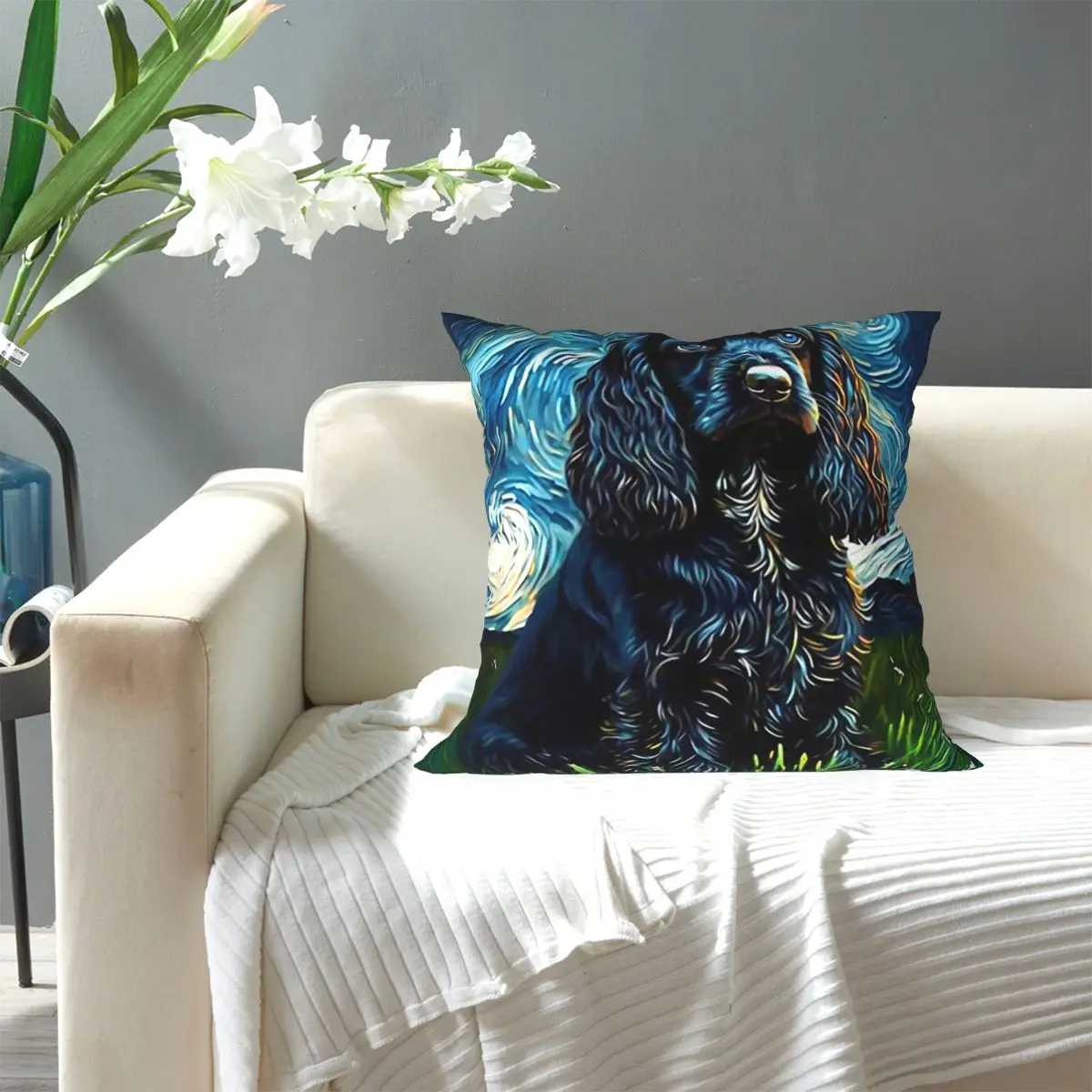A Cocker Spaniel Puppy Starry Night Square Pillowcase Pillow Cover Cushion Decor Comfort Throw Pillow for Home Living Room