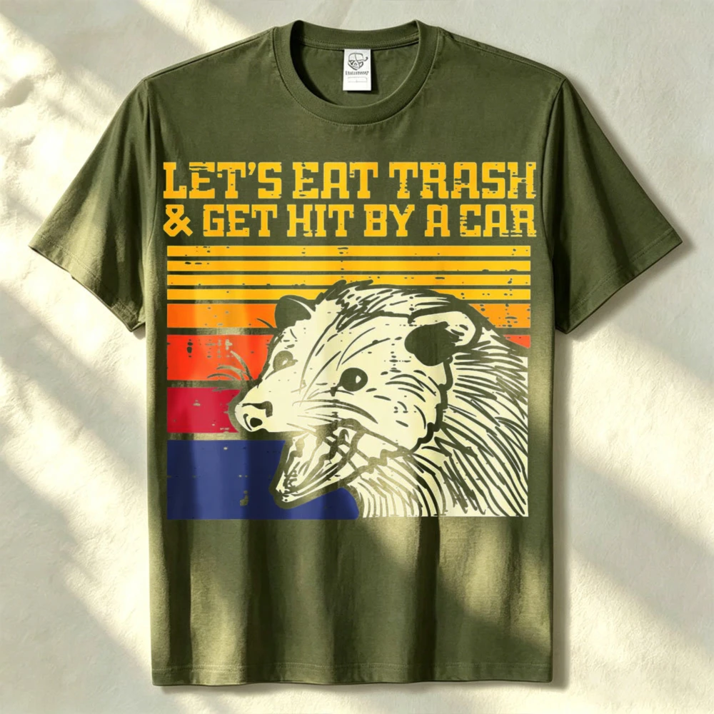 Opossum Lets Eat Trash Get Hit By Car Retro Possum Women Men T-Shirt Oversized T Shirt Harajuku Graphic T Shirts Men Clothing