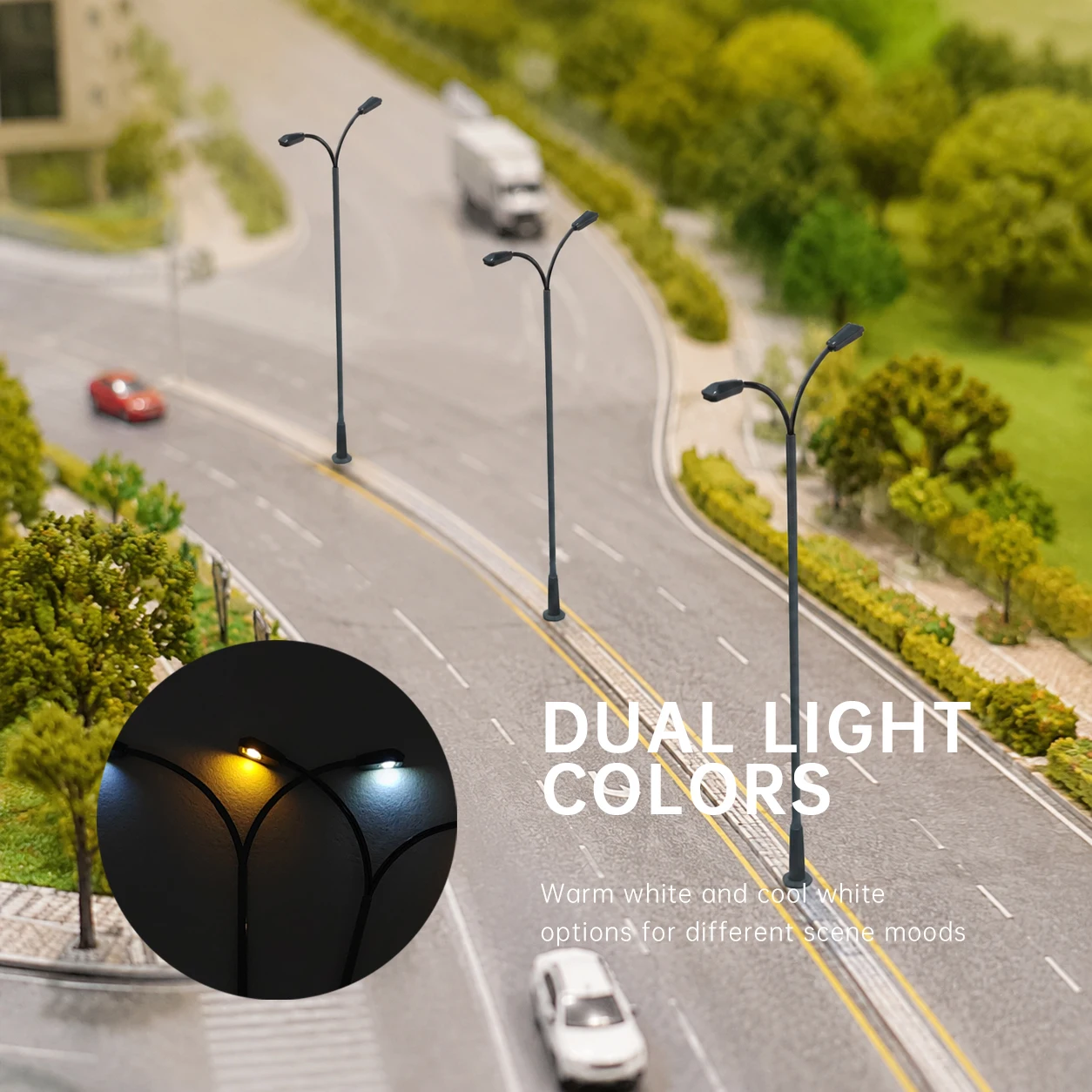 

5pcs 12V Miniature Street Light Model, Double-Head LED Lampposts for 1:200-1:75 Railway Layout, Dioramas,Micro Landscape Scenery
