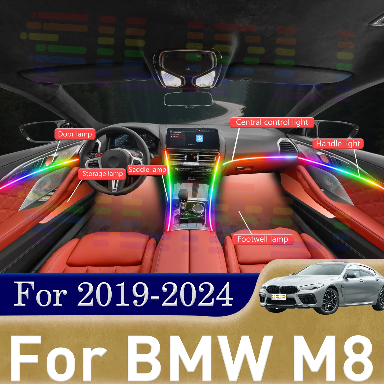 6 In1 for BMW M8 series F91 F92 F93 Car LED Ambient Lamps Colorful Atmosphere Lights Auto Interior Neon Strip 64 RGB Light APP