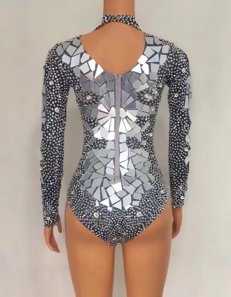 Vestido prateado cintilante feminino com strass e espelhos, roupa de festa de aniversário, traje de dança, show bar DS, bodysuit desempenho