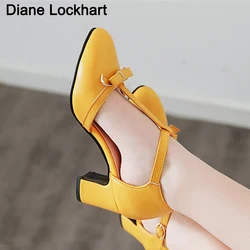 Nowe sandały na średnim obcasie Casual Roman Closed Toe Shoes Fashion Women Block Heels Cross Belt Buckle Sandals High Heels Party Sandals