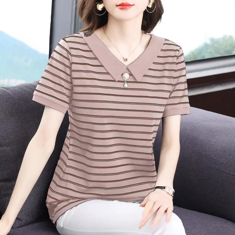 

Summer New Pullovers Spliced Stripe Square Collar Women's Fashion Loose Casual Short Sleeve Commuter Versatile T-shirt Tops