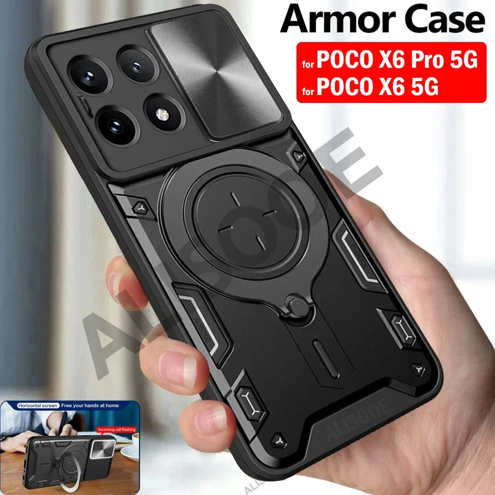 Armor Magnetic Ring Stand Funda for POCO X6 Pro / X6 5G Case Slide Camera Lens Cover for Xiaomi POCO X6 5G Capa