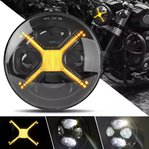 5.75 Inch Motorcycle Led Headlight, 5-3/4 Smoky X Style Yellow Headlight, Compatible with Harley 883 1200 X48 Indian Scout etc.