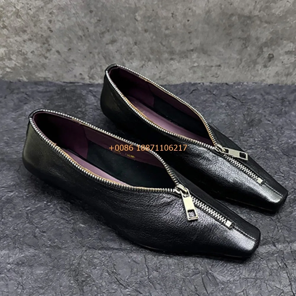 Retro Genuine Leather Zip Women's Shoes 2025 Spring Square Casual Shallow Slip-On Shoe Solid Color Street Elegant Low Heel Pumps