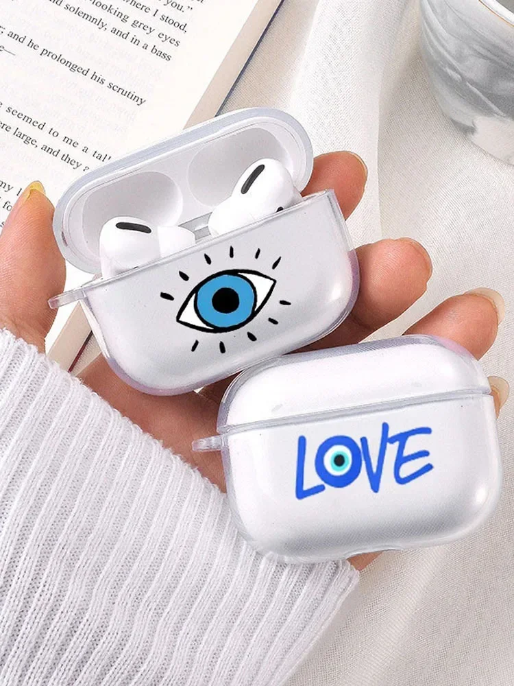 Étui Airpods 1 2ème 4 4ème Pro 2 3, mignon porte-bonheur bleu imprimé mauvais œil, housse Bluetooth sans fil, étuis en Silicone souple et transparent