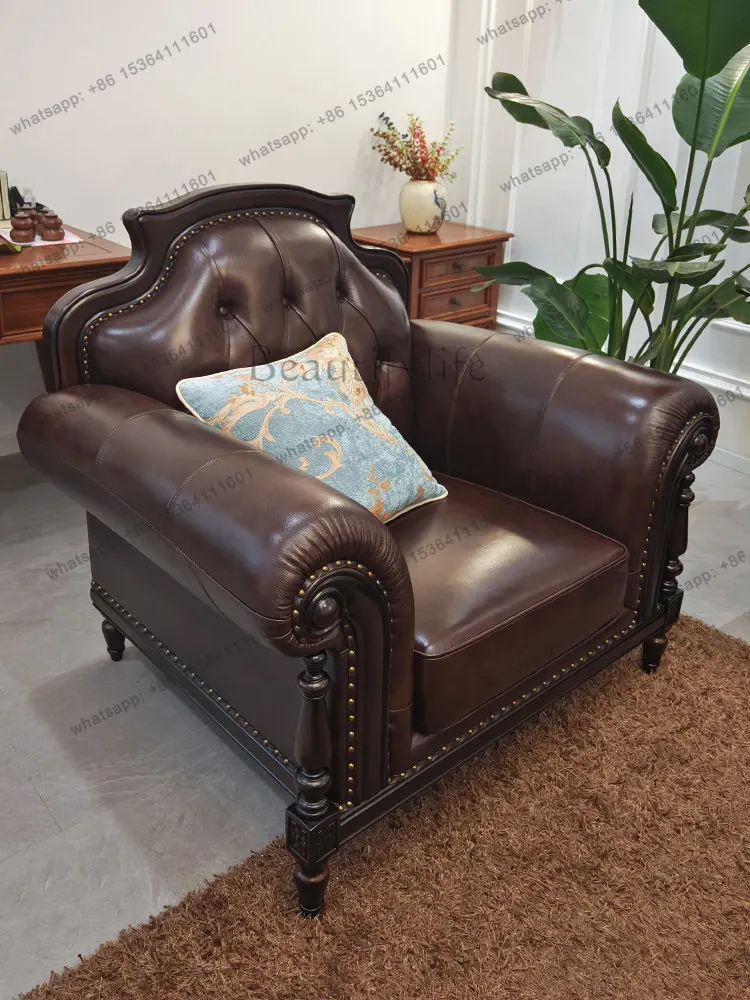 American light luxury retro all solid wood leather sofa first layer cowhide four-person living room