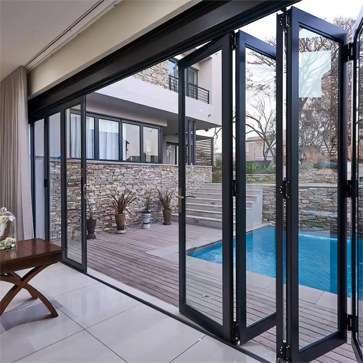 Custom Modern Exterior Veranda Large Folding Door Panoramic Aluminium Tempered Glass Double Glazed Accordion Bifold Door