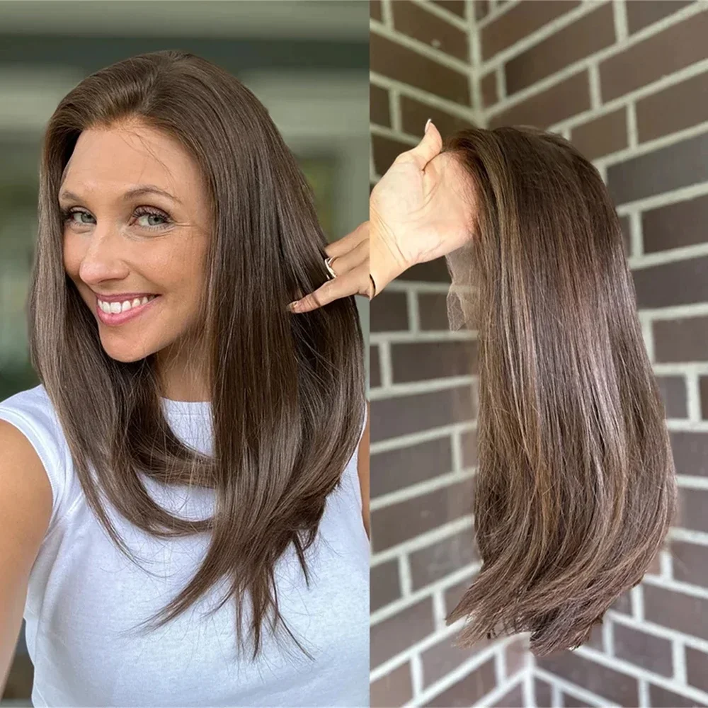 

Длинный коричневый парик из натуральных волос, 26 дюймов, плотность 150%, без клея, прямой, с шелковой основой 5x5, для женщин, с детским волосом, предварительно пророщенный