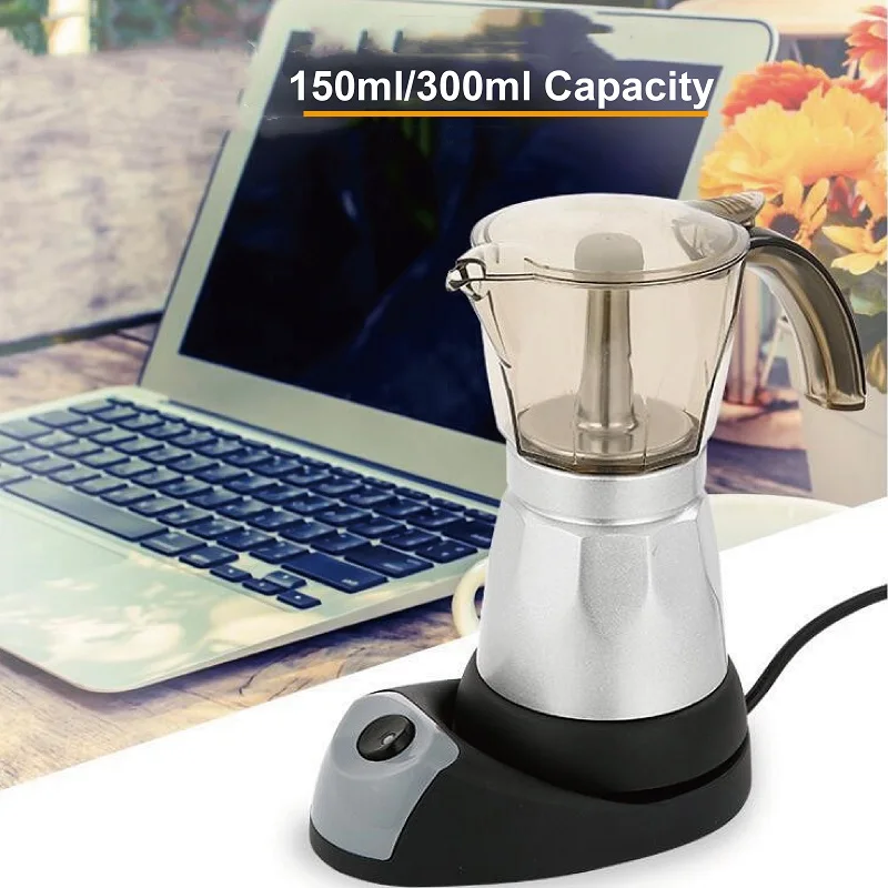 480W Electric Italian Coffee Maker Percolator for Home Silver 300ml 6 Cups Electric Coffee Maker Aluminum Mocha Pot