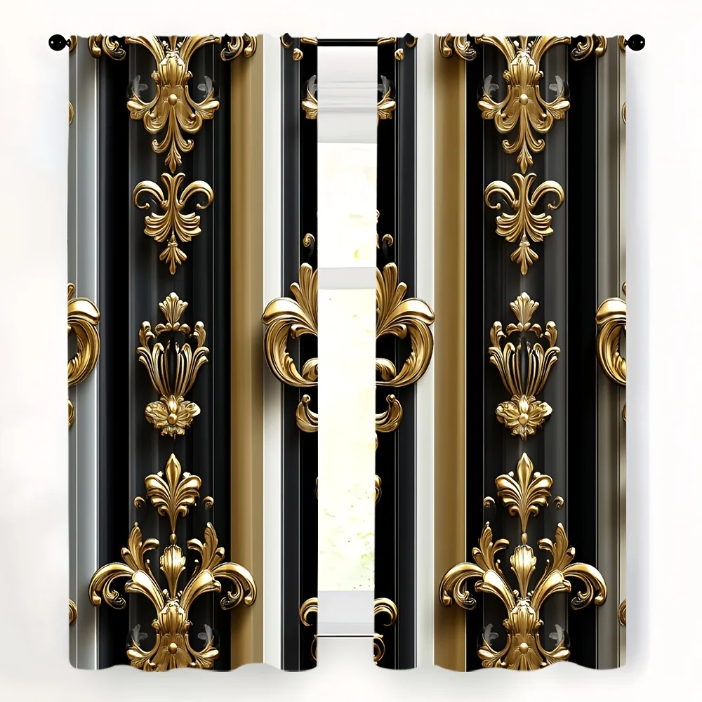 2D FLAT 2pcs Curtains Gold Fleur De Lis Pattern On Black And Gold Background Perfect for Balcony, Bedroom, Study, Living Room