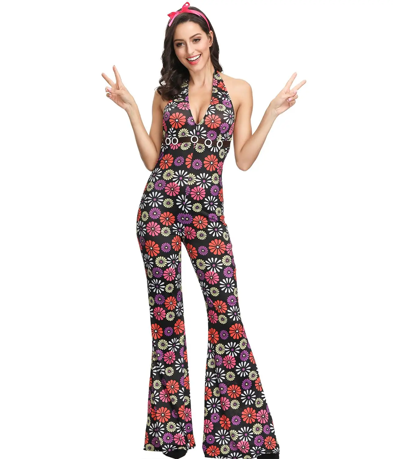 Traje de festa sexy V Neck Halloween para homens e mulheres, retro Hippie Gogo, discoteca cosplay para casal, festival de música, vestido Halter, anos 60, anos 70