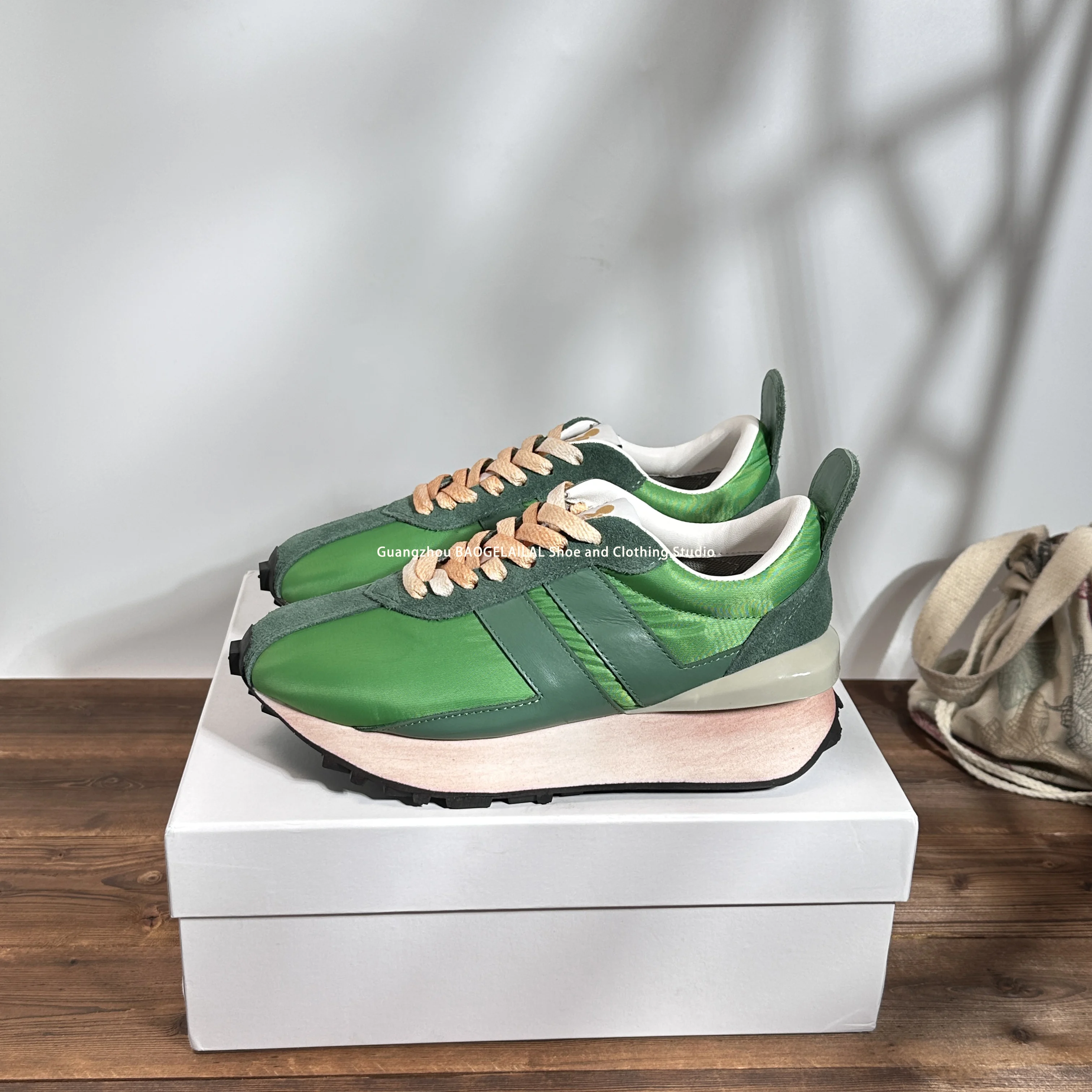 

2026 Spring Height Increase Thick soled Forrest Gump Shoes for Women Round Head Leather Splicing Dad Shoes Sports Green