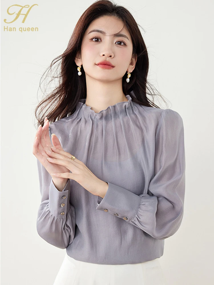 

H Han Queen Korean Reviews Many Girls Clothes Loose Casual Vintage Shirt Simple Basic Office Tops Single-Breasted Chiffon Blouse