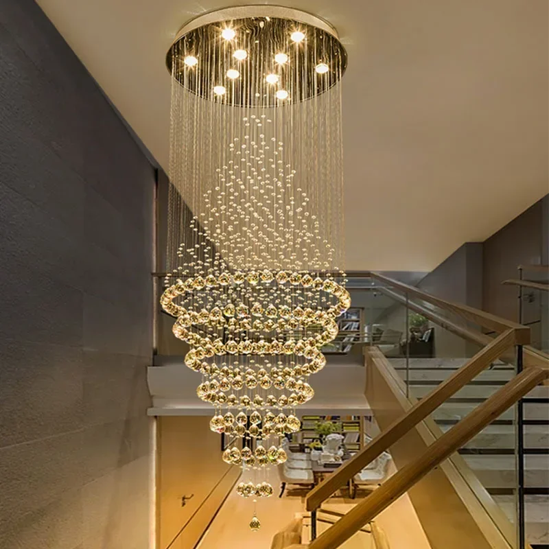 Modern GU10 LED Crystal Chandelier Lamp Stair Light Droplight Villa Double Entry Long Circular Crystal Lighting For Lobby