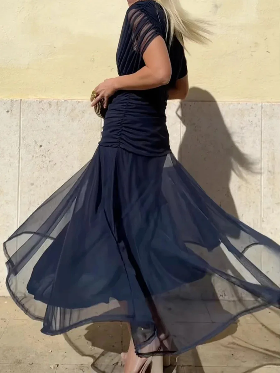 Elegant Off Shoulder Chiffon Maxi Dress Women's Solid V Neck Short Sleeve Floral Print Mesh Slim Wedding Guest Party Long Dress