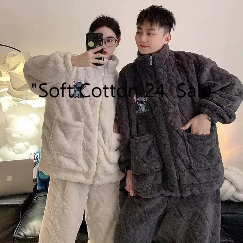 

Cartoon Disney couple pajamas winter warm couple suit crew neck plush two-piece set Disney loungewear Stitch women's pajamas