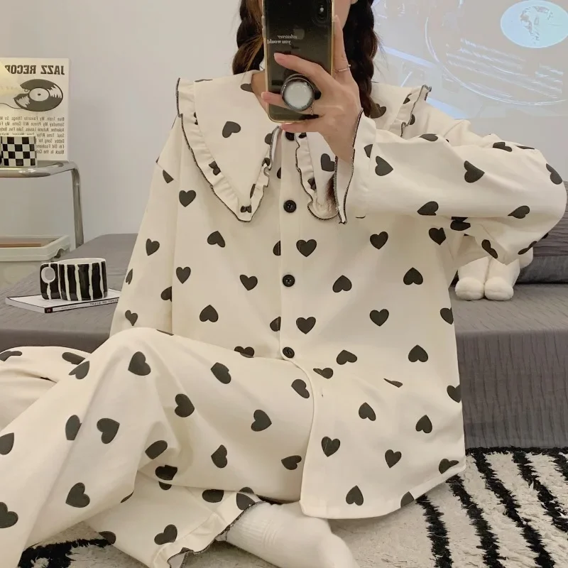 Autumn Women Sweet Pajama Sets 2024 Loose Faux Cotton Pijama Cute Girl Ins Style Sleepwear New Korean Long-sleeve Pants Homewear