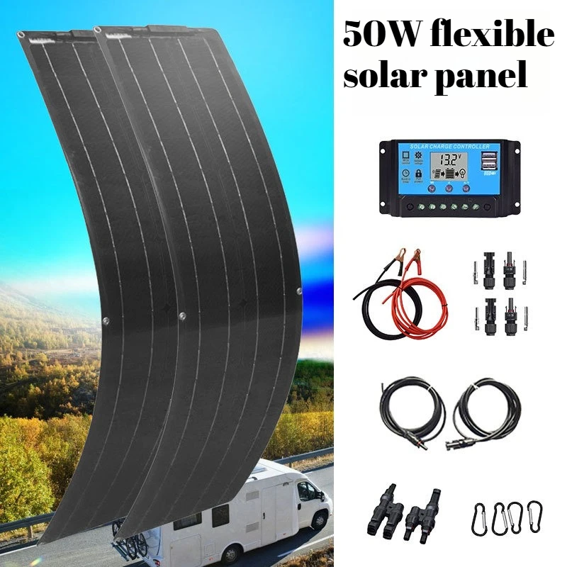 

100W 18V Flexible Solar Panel Kit (2×50W) Complete Solar Power System with MPPT Controller Cables for RV Boat Off-Grid Charging