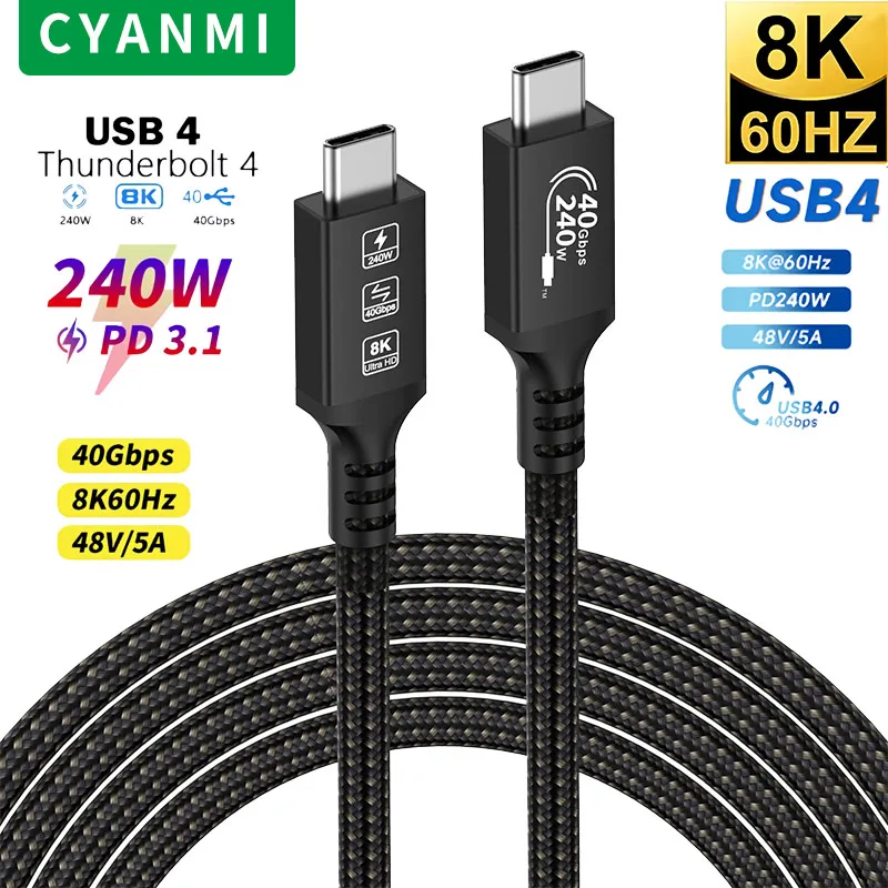 240W USB C To C Fast Charging Cable 48V 5A USB 4 40Gbps Thundebolt4 Full-Featured Type C Quick Charge Cable For iphone 15 Huawei