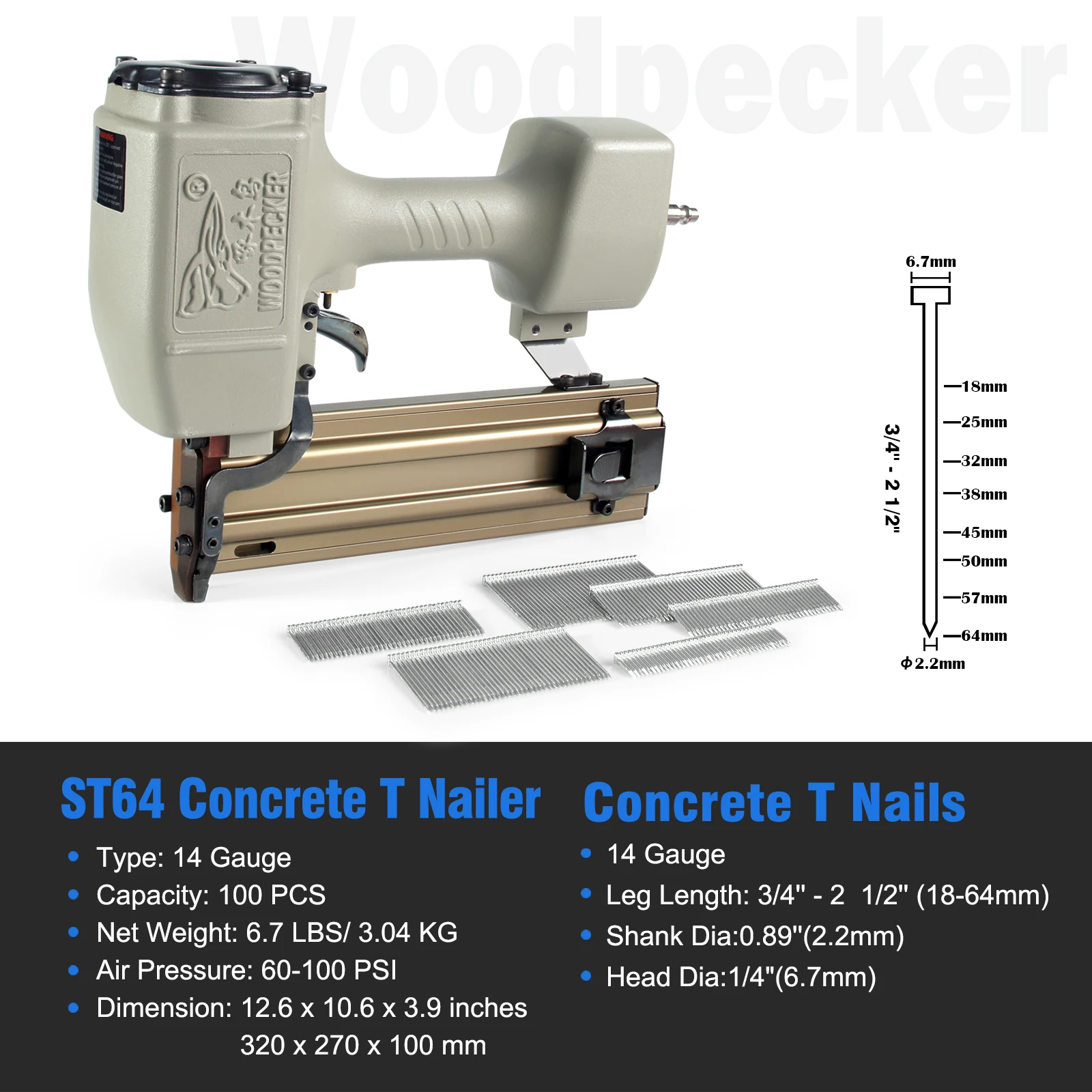 WOODPECKER W-ST64 14 Gauge Heavy Duty Pneumatic Concrete T Nailer, Fits 18-64mm Length Nails, for Concret Baseboard Furniture