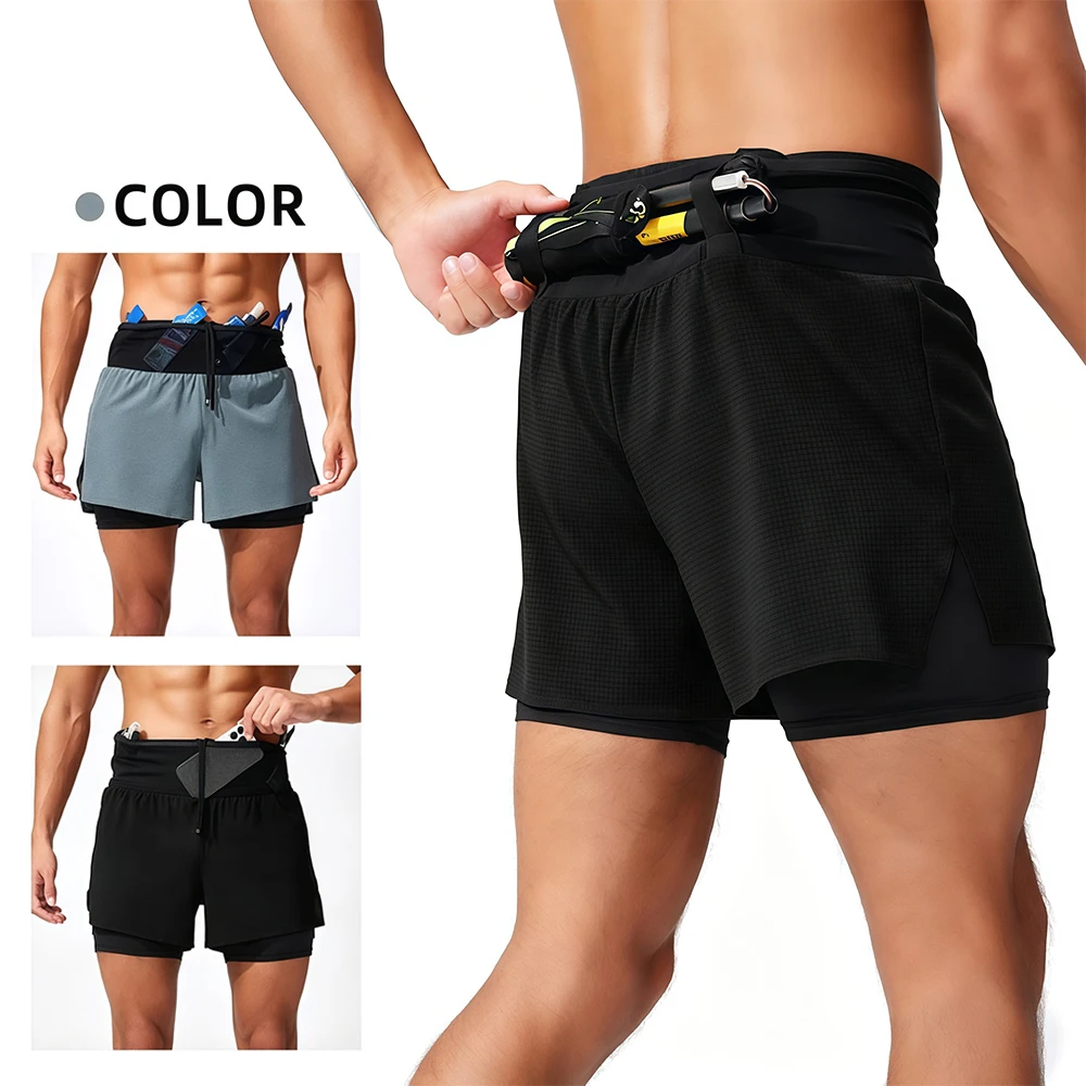 Image of Herren 2-in-1-Laufshorts, schnell trocknende Sportshorts mit Kompressionsfutter, Trainingsshorts mit Innentasche, Netztasche für Handtuch