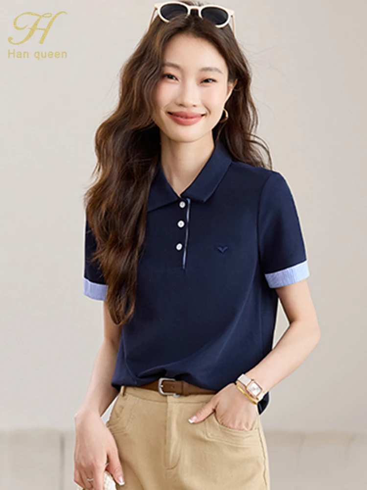 H Han Queen 2025 Summer Polo Women Tees Chic Color Matching Loose Woman Clothin… - Image 6