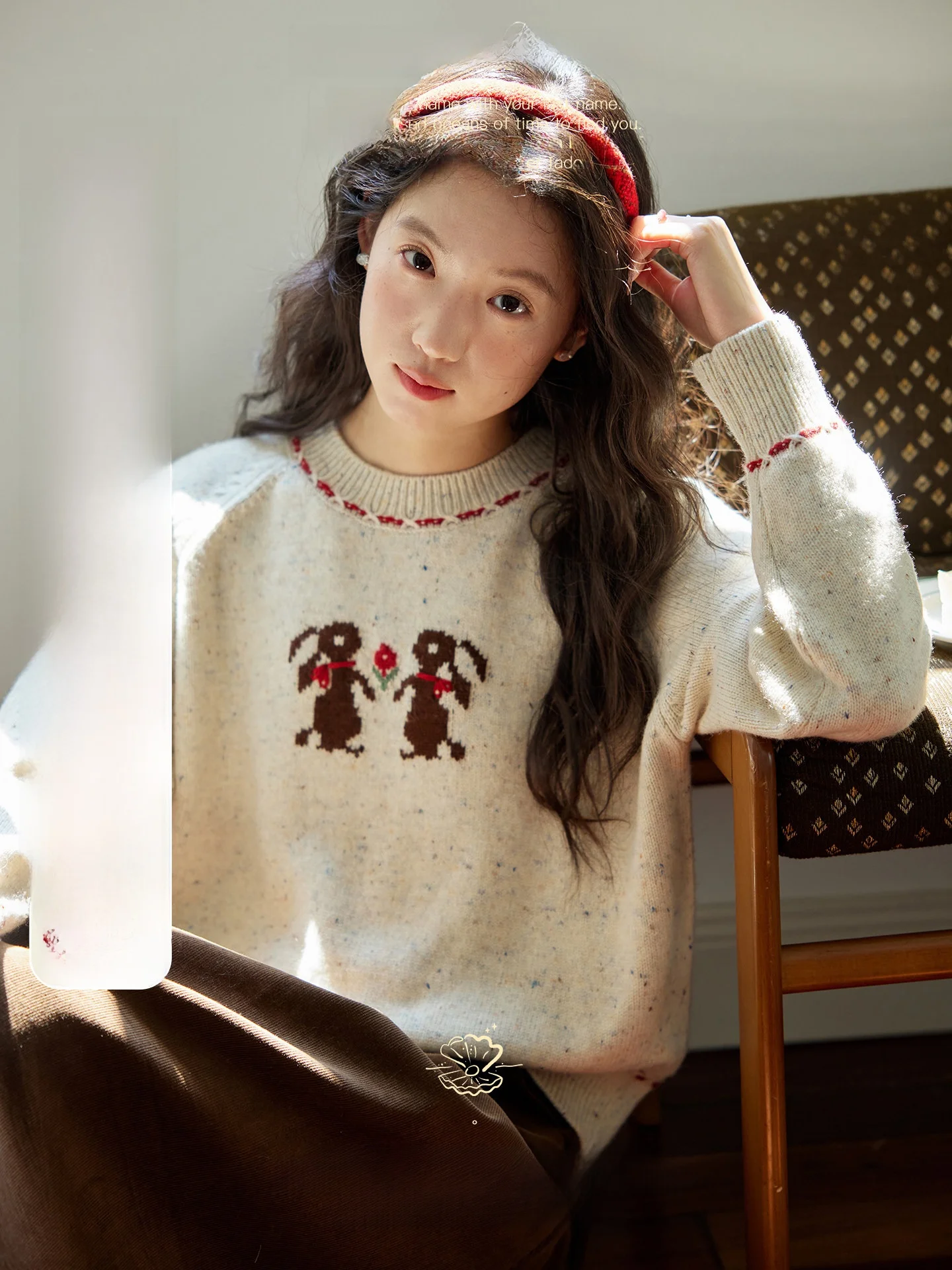 

Nov Et Women's round Ne Knitted Sweater oulder Insertion Rabbit Embroidery Autumn Winter Warm Long Sve Top