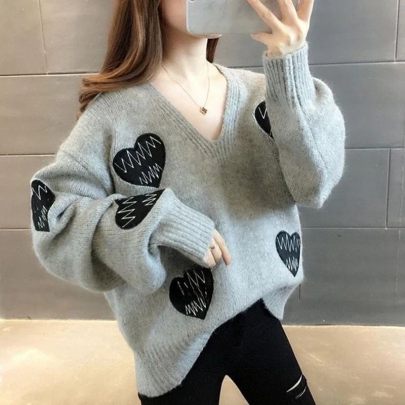

Spring Autumn New V-neck Long Sleeve Fashion Sweater Women High Street Printing Pullovers Vintage Elegant All-match Loose Tops