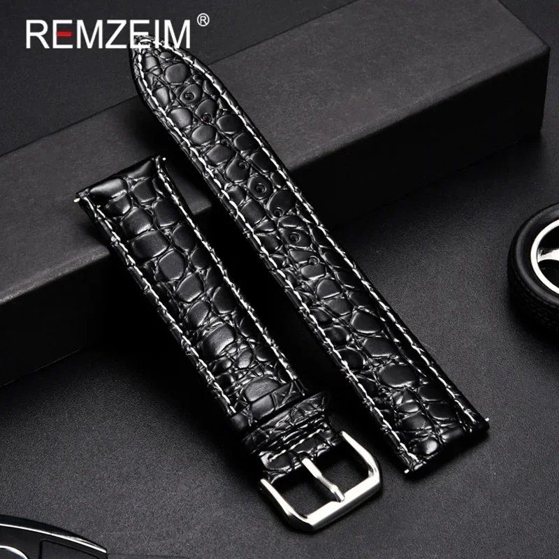 REMZEIM 18mm 20mm 22mm 24mm Crocodile Skin Calfskin Soft Material Watch Strap Leather Watchband Business Bracelet Wrist Band