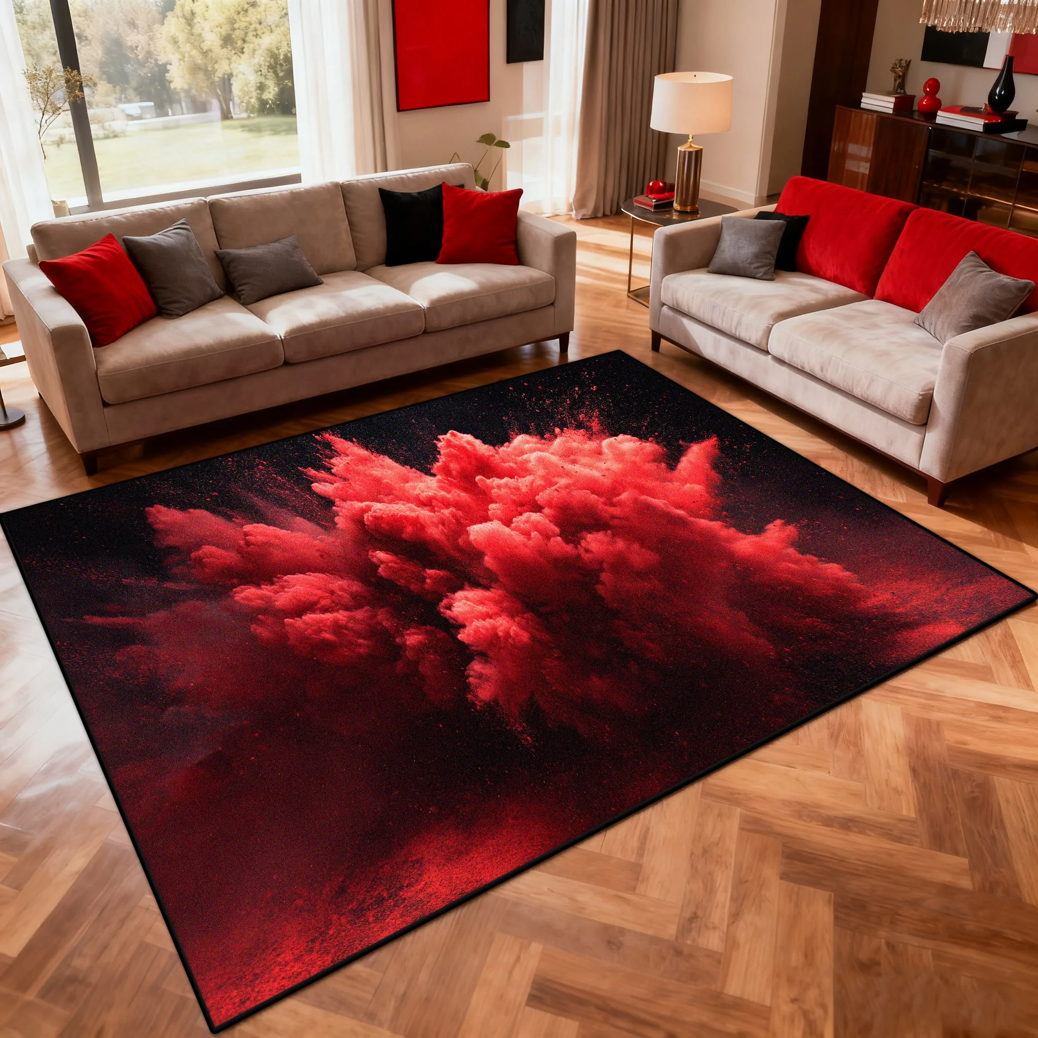 3D Red Powder Explosion Design Living Room Carpet Modern Abstract Antiskid Foldable Rug 200×300 Bedroom Bedside Tatami Mat Soft