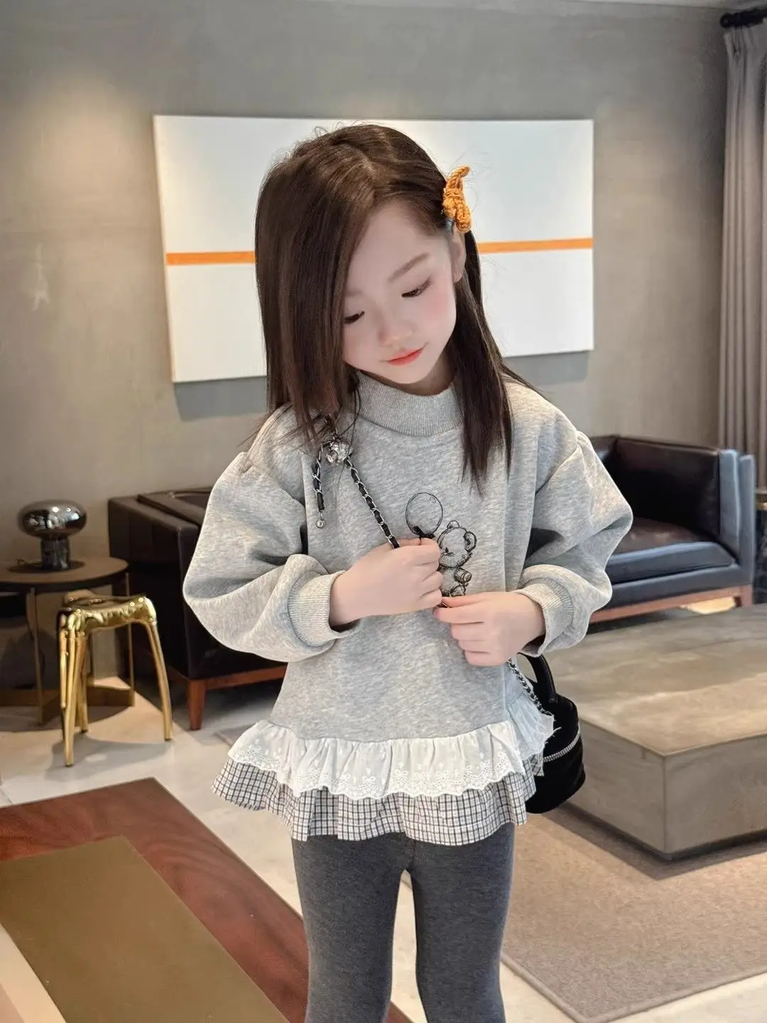 Toddler Girls Autumn Winter Sweatshirt New Fashion Kids Fleece Lined Thick Knitted Top Lace Trim Clothing