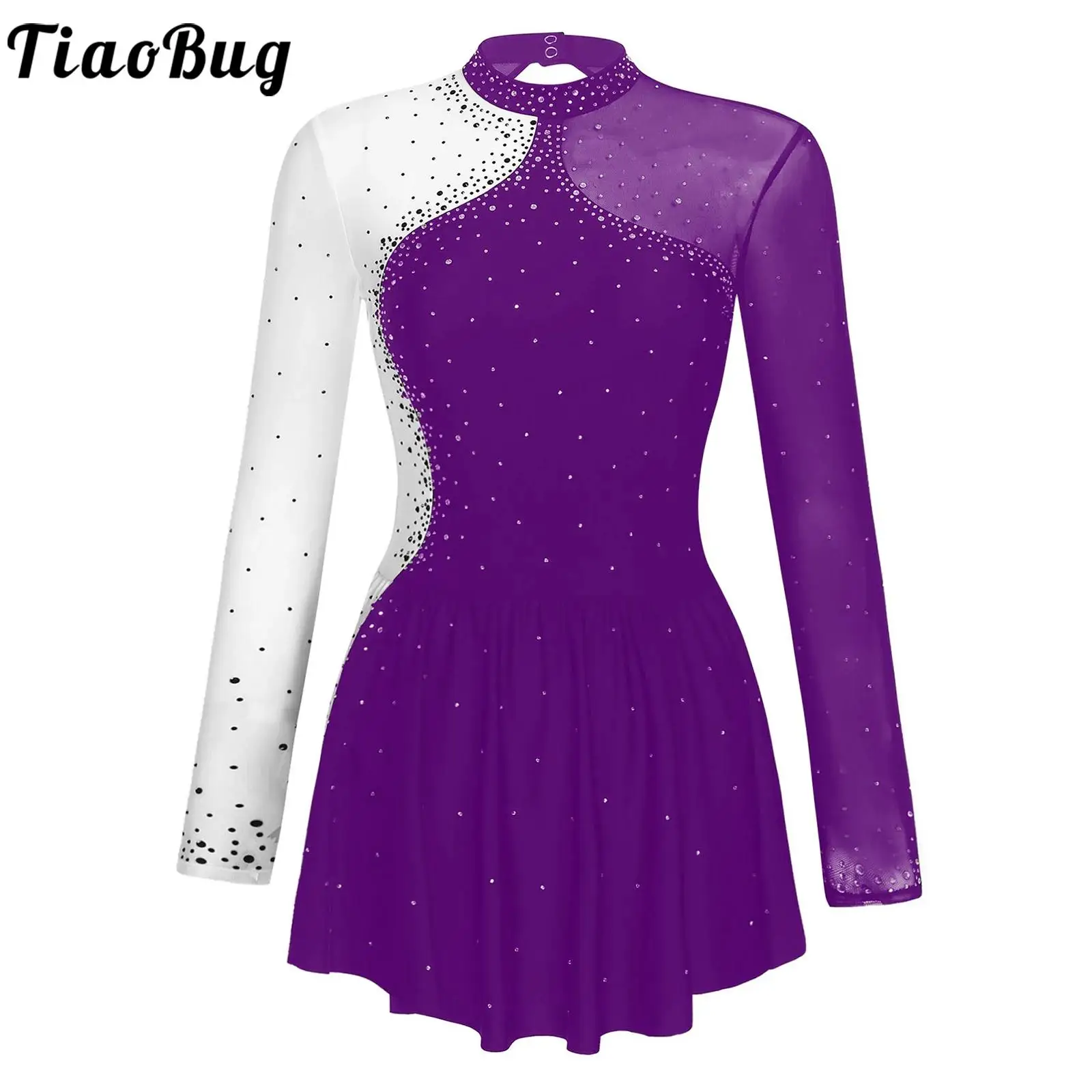 

Women Figure Skating Lyrical Dance Dress Dance Ballet Leotards Gymnastic Sheer Mesh Long Sleeve Bodysuit Dress Skating Costume