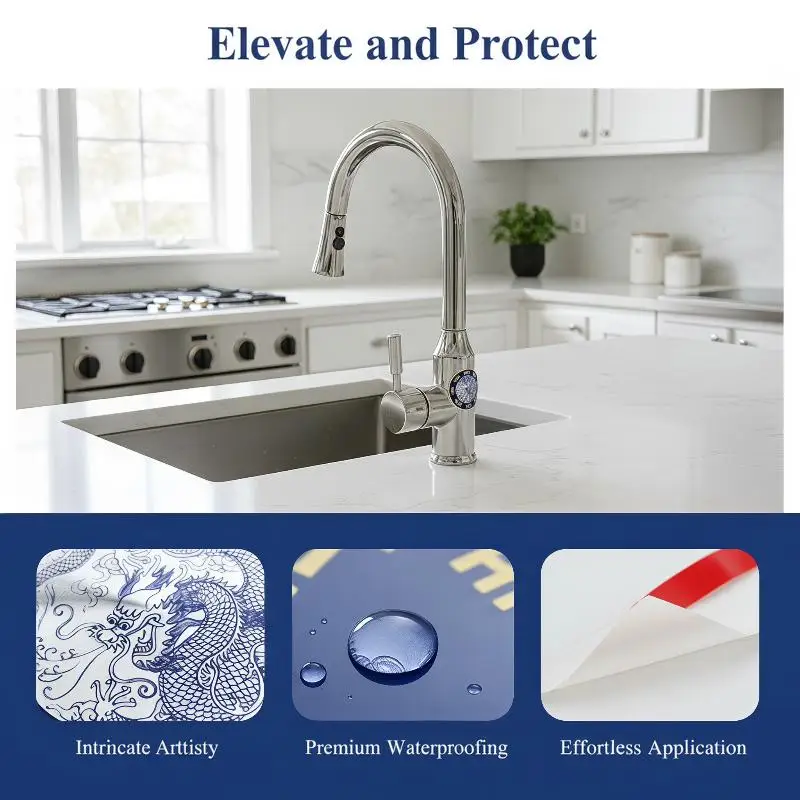 Qinglong Waterproof Faucet Fire Dragon Stickers 5Pcs Self-Adhesive Decor Decals for Washing Machine Bathroom Decor