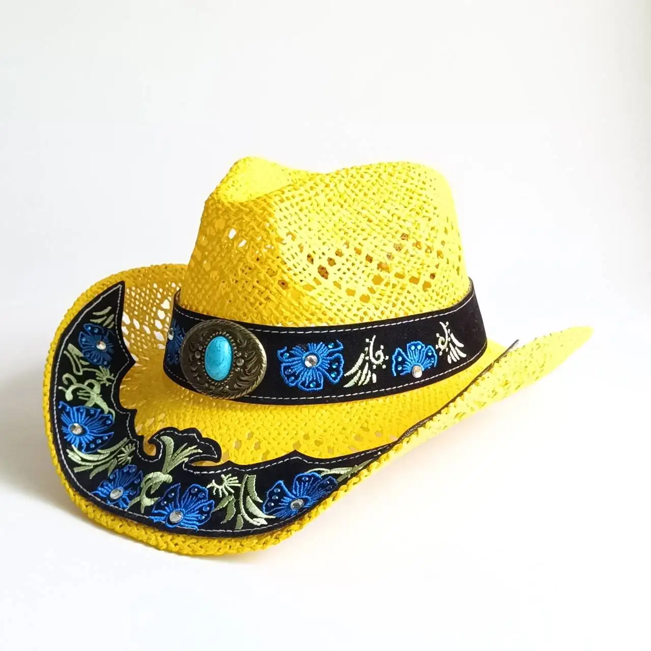 Summer Women Hollow Crochet Straw Cowgirl Hat Bright Yellow Western Wide Brim Cap Blue Flower Embroidery Band Turquoise Rhinesto