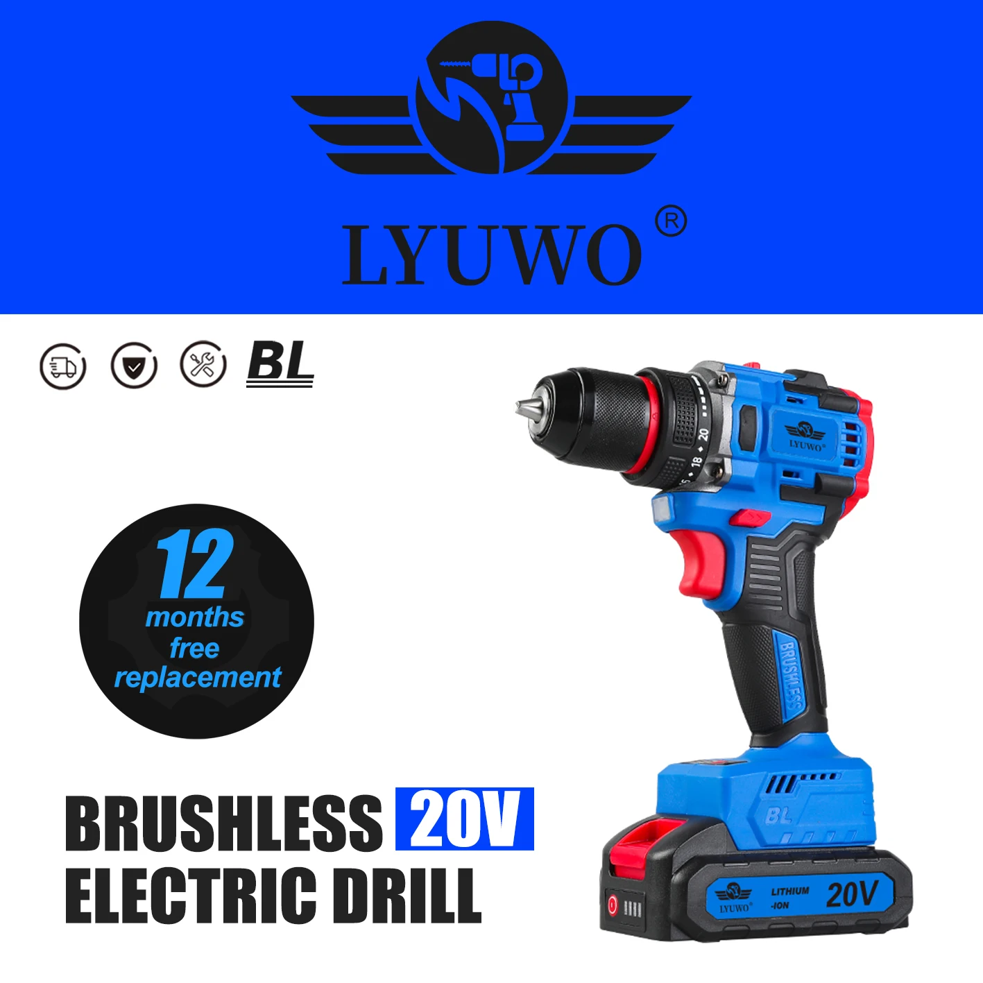 

LYUWO 21V Brushless Drill Lithium Rechargeable Home Mini Drill Bit 20+1 Torque Setting Two speed Flat Push Drill Electric Tool