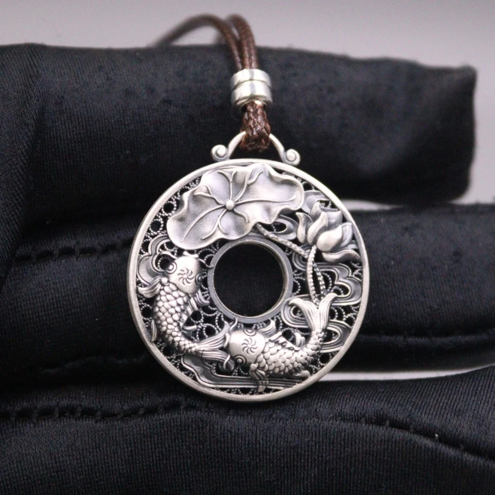 

Real Pure 999 Fine Silver Men Women Lucky Lotus Leaf Double Fish Circle Pendant 9-10g