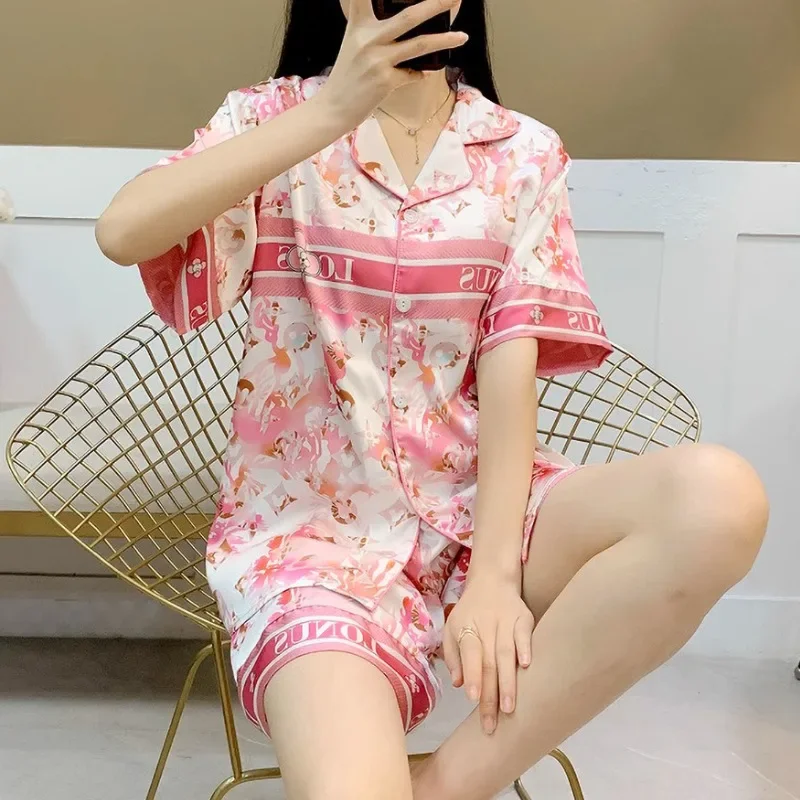 Light Luxury Alphabet Pajamas Women\'s Summer Short-sleeved Ice Silk High-end Comfortable Loungewear Set Pink Floral Silk Pajama