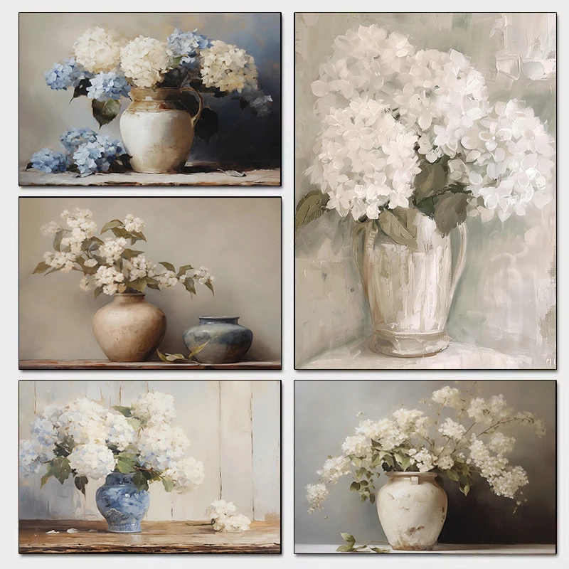 Vintage Blue White Hydrangeas in Vase Still Life Flower Aged Pottery Poster Canvas Painting Wall Art Pictures Home Decor