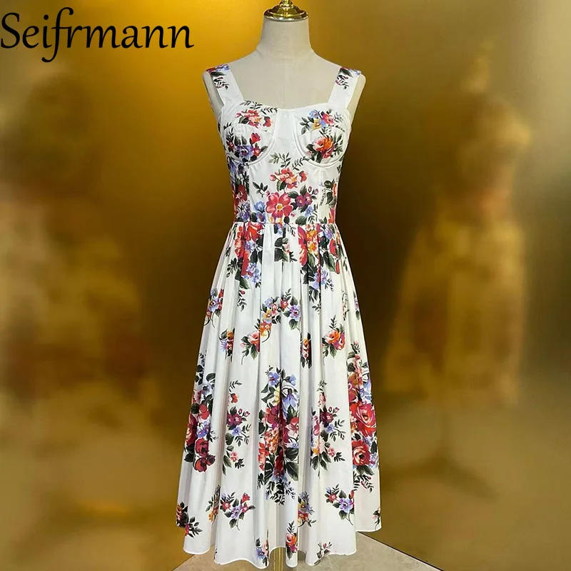 

Seifrmann 2026 New Women's Dress Summer Spaghetti Strap Backless Print Cotton Loose Casual Dresses