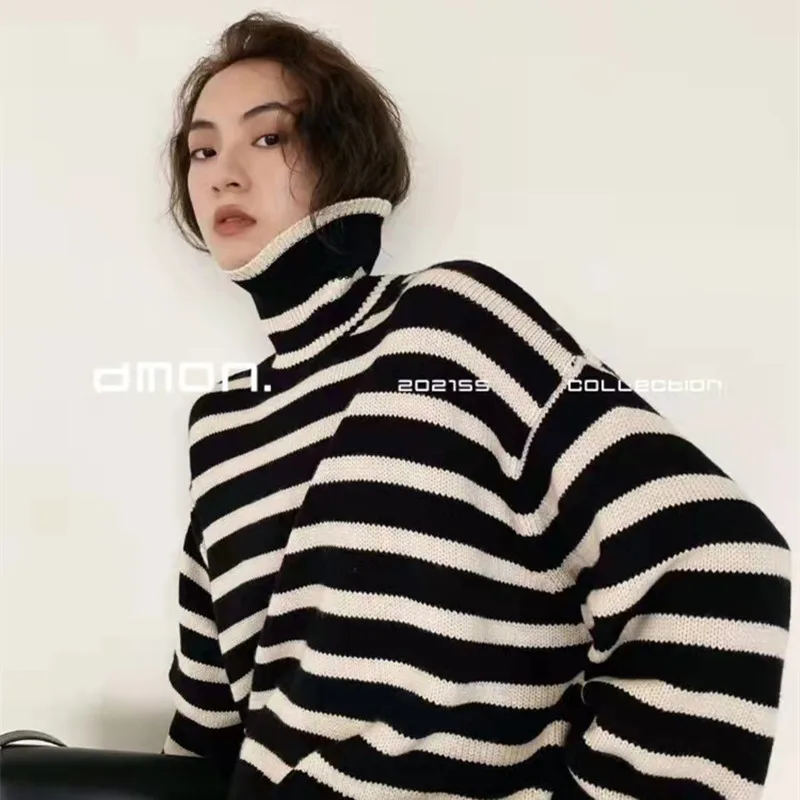 Autumn and winter European cashmere languid wind sweater top high collar wide sleeve stripe color matching wool loose sweater