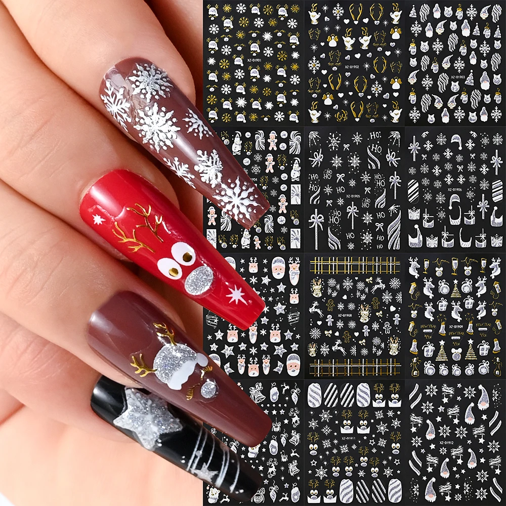 12 Stücke Silber Glitter Weihnachten Nagelaufkleber 3D Winter Schneeflocke Elch Weihnachtsmann Klebeschieber Weihnachten Abziehbilder Nageldekoration