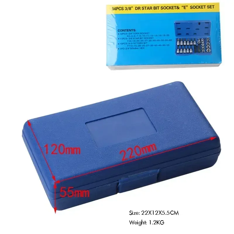 3/8 Inch & 5/16 Inch Drive Bit Socket Set 34 Piece Torx Bit & External Star Socket Set with Carrying Case, (T10-T60, E4-E20)