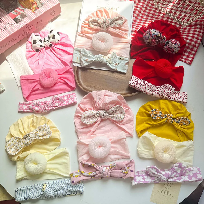 

Baby Flower Print Bow Turban Hats Newborn Girls Nylon Donuts headbands 3Pcs/Set